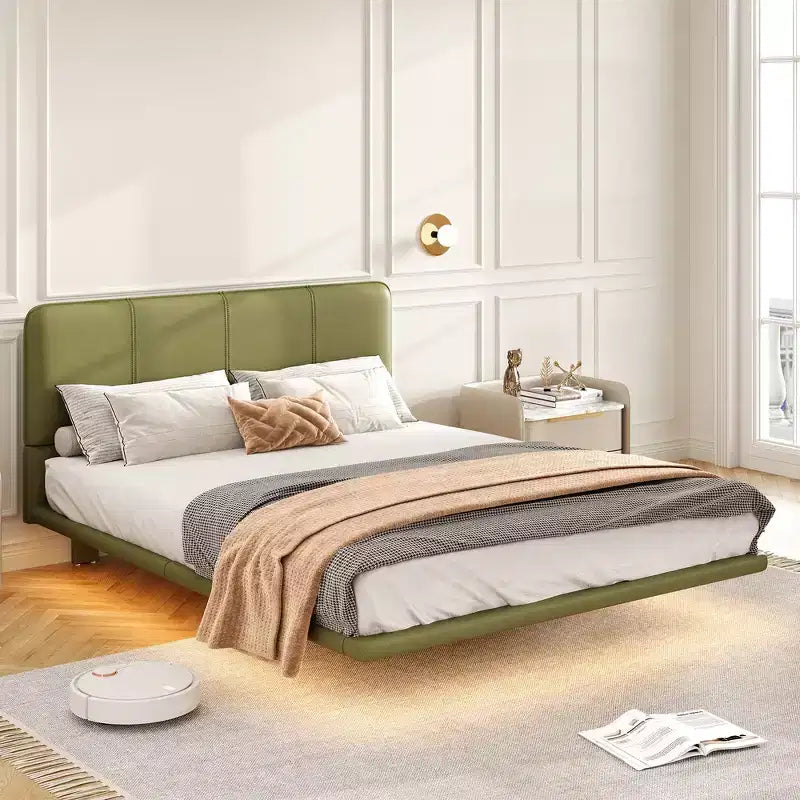 Schwebendes Plattformbett in Full-Größe mit LED-Beleuchtung, PU-Leder, robuster Konstruktion und modernem Look
