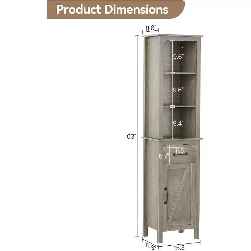 Meuble de rangement étroit, meuble de salle de bain haut avec porte et tiroir, style champêtre, gris