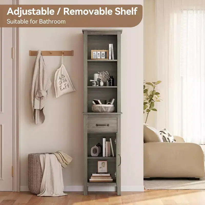 Meuble de rangement étroit, meuble de salle de bain haut avec porte et tiroir, style champêtre, gris