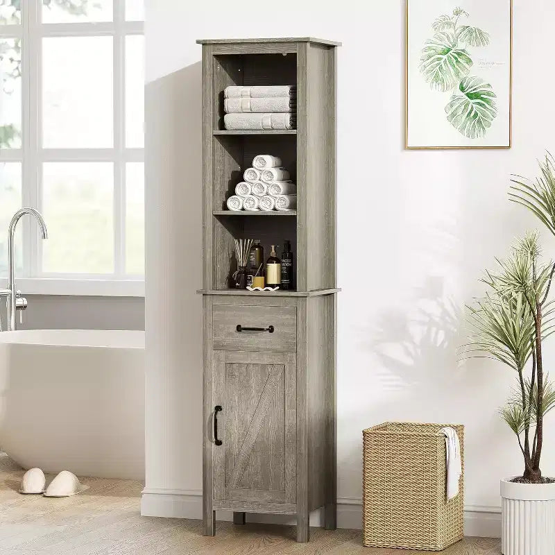 Schmaler Aufbewahrungsschrank, hoher Badezimmerschrank mit Tür und Schublade, Aufbewahrungsschränke im Landhausstil fürs Bad, Grau
