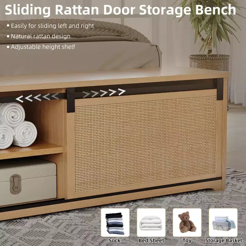 Estructura de cama de ratán natural con armarios de almacenamiento con puertas corredizas tipo granero