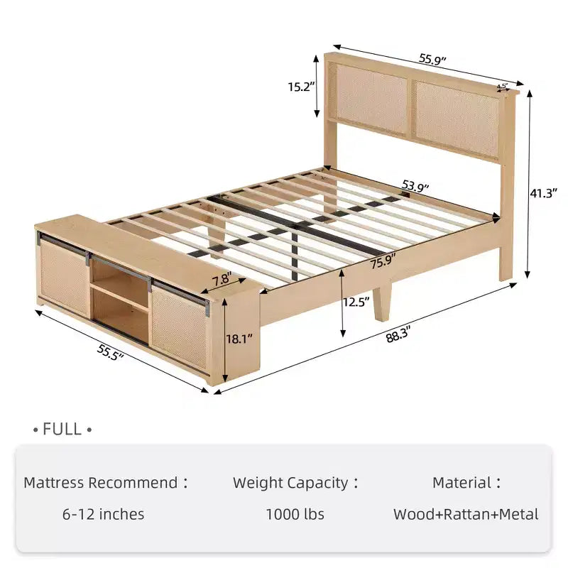 Estructura de cama de ratán natural con armarios de almacenamiento con puertas corredizas tipo granero