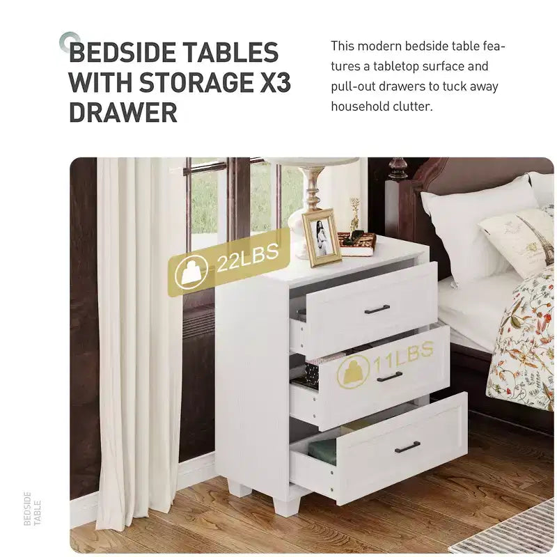 Grande table de chevet à 3 tiroirs, meuble d’appoint vintage en bois