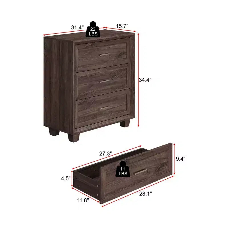 Grande table de chevet à 3 tiroirs, meuble d’appoint vintage en bois