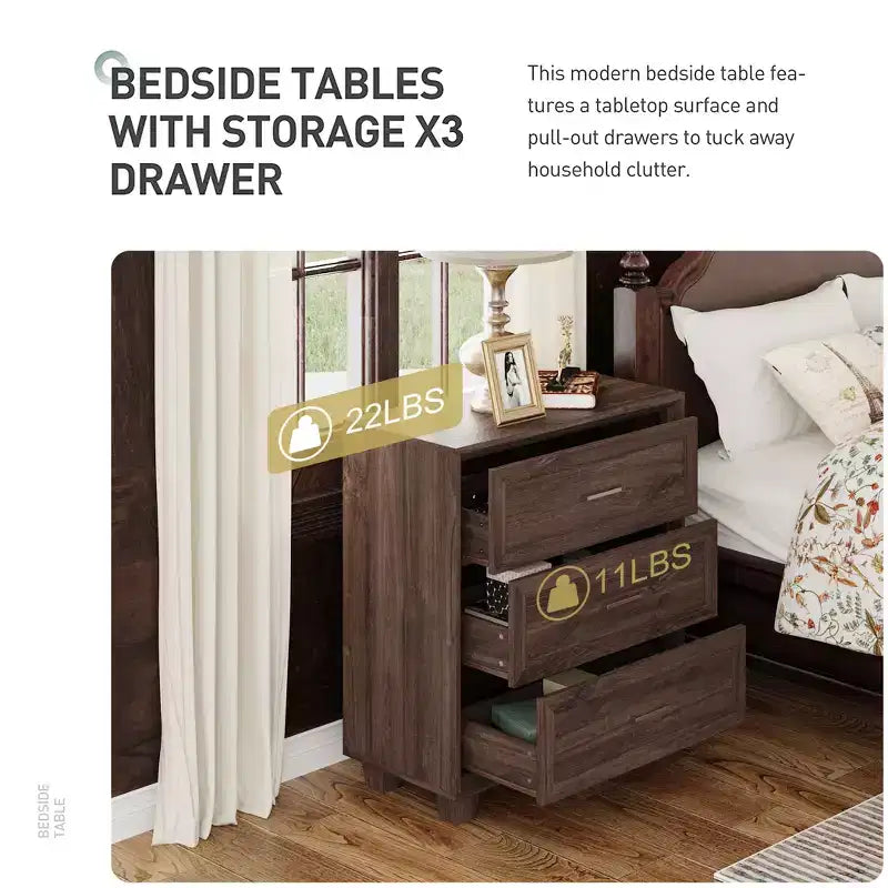 Grande table de chevet à 3 tiroirs, meuble d’appoint vintage en bois