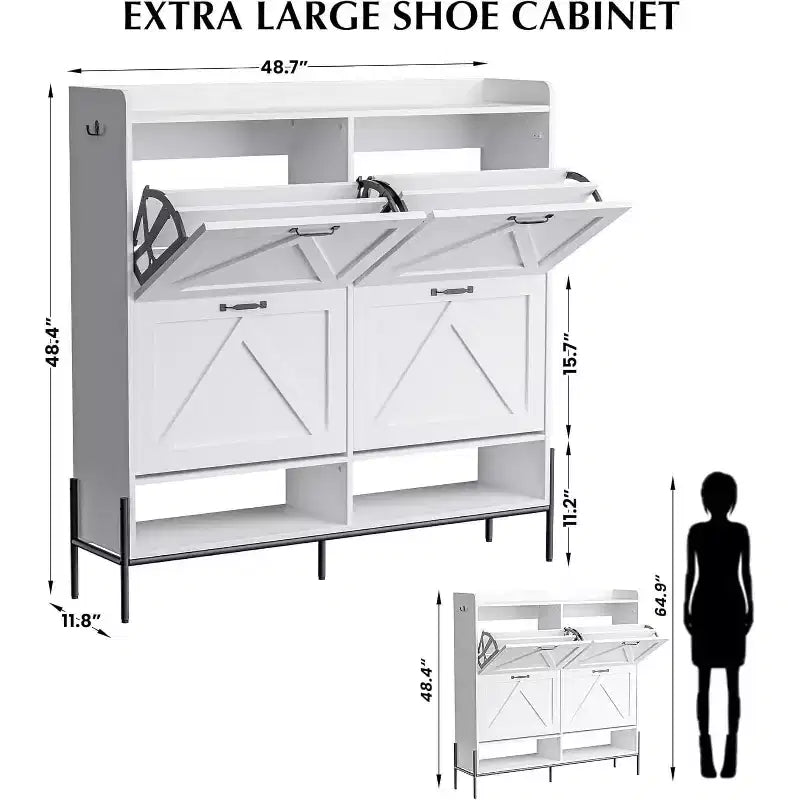 Meuble à chaussures blanc de 48.4 avec 4 tiroirs basculants, grande capacité de rangement pour entrée, pieds métalliques, rangement à chaussures moderne anti-basculement