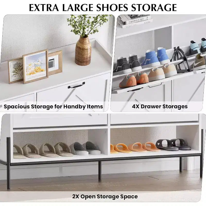 Meuble à chaussures blanc de 48.4 avec 4 tiroirs basculants, grande capacité de rangement pour entrée, pieds métalliques, rangement à chaussures moderne anti-basculement