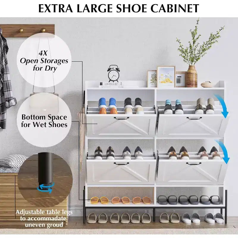 Meuble à chaussures blanc de 48.4 avec 4 tiroirs basculants, grande capacité de rangement pour entrée, pieds métalliques, rangement à chaussures moderne anti-basculement