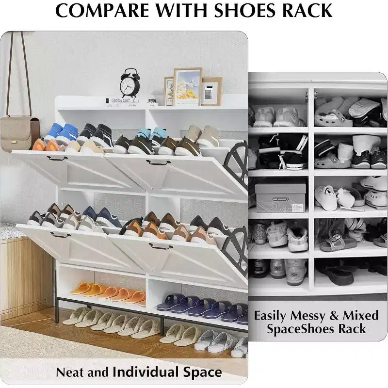 Meuble à chaussures blanc de 48.4 avec 4 tiroirs basculants, grande capacité de rangement pour entrée, pieds métalliques, rangement à chaussures moderne anti-basculement