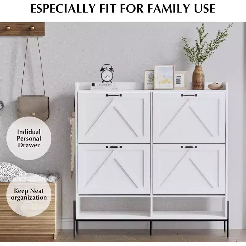Meuble à chaussures blanc de 48.4 avec 4 tiroirs basculants, grande capacité de rangement pour entrée, pieds métalliques, rangement à chaussures moderne anti-basculement