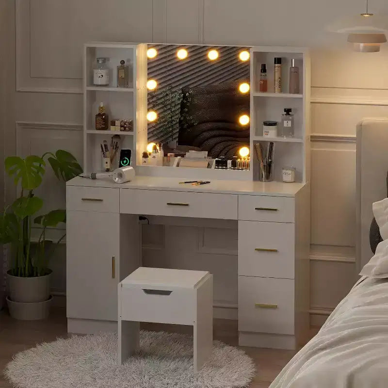 Coiffeuse avec miroir LED, 5 tiroirs coulissants et 6 étagères ouvertes, 3 modes d’éclairage avec luminosité réglable, table de maquillage pour chambre