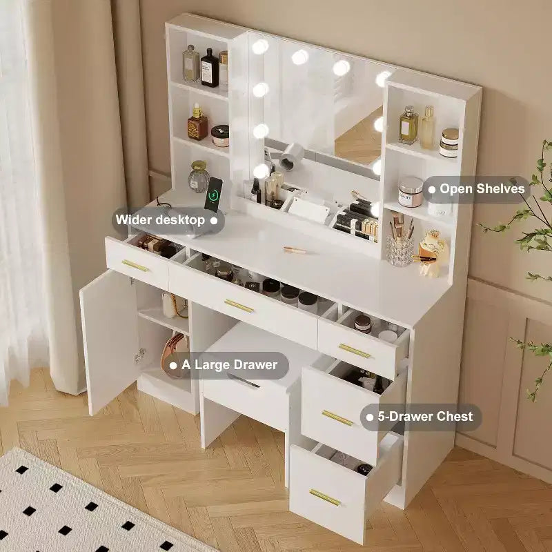 Coiffeuse avec miroir LED, 5 tiroirs coulissants et 6 étagères ouvertes, 3 modes d’éclairage avec luminosité réglable, table de maquillage pour chambre