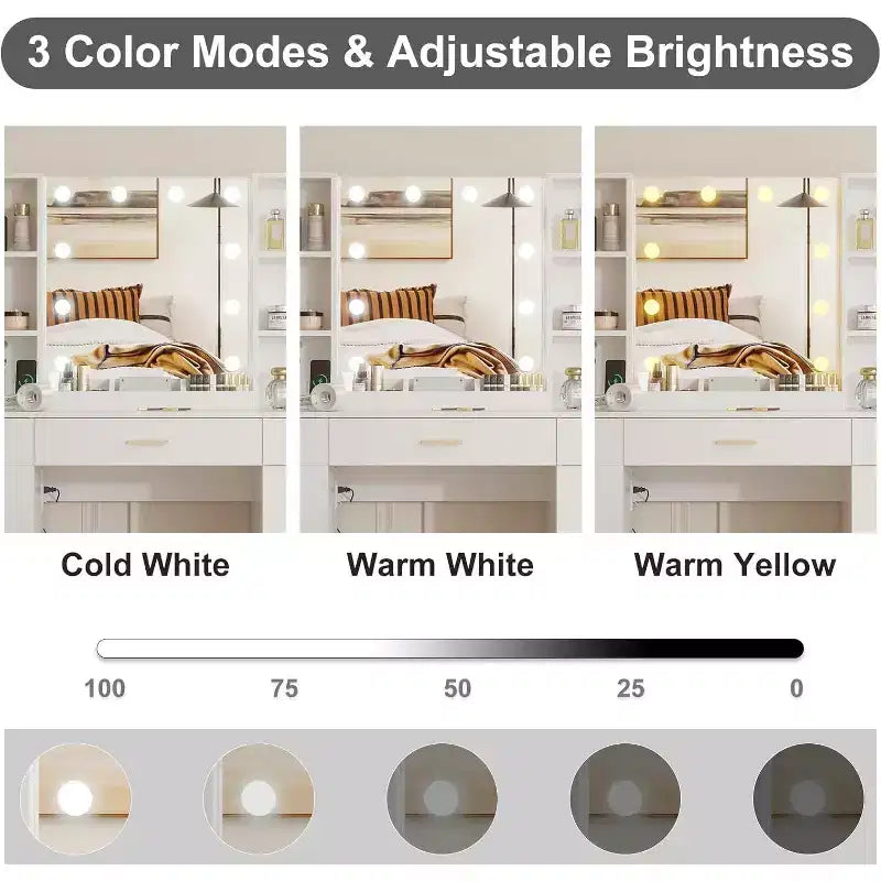 Coiffeuse avec miroir LED, 5 tiroirs coulissants et 6 étagères ouvertes, 3 modes d’éclairage avec luminosité réglable, table de maquillage pour chambre