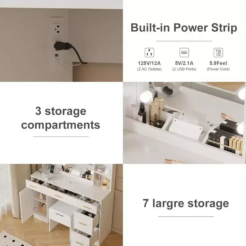 Coiffeuse avec miroir LED, 5 tiroirs coulissants et 6 étagères ouvertes, 3 modes d’éclairage avec luminosité réglable, table de maquillage pour chambre