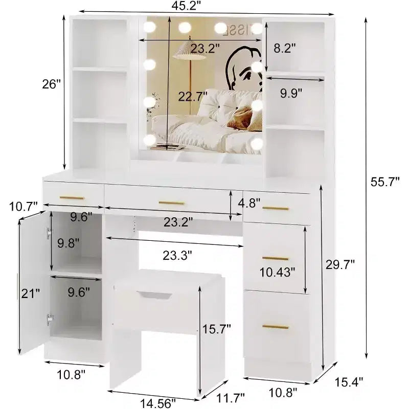 Coiffeuse avec miroir LED, 5 tiroirs coulissants et 6 étagères ouvertes, 3 modes d’éclairage avec luminosité réglable, table de maquillage pour chambre