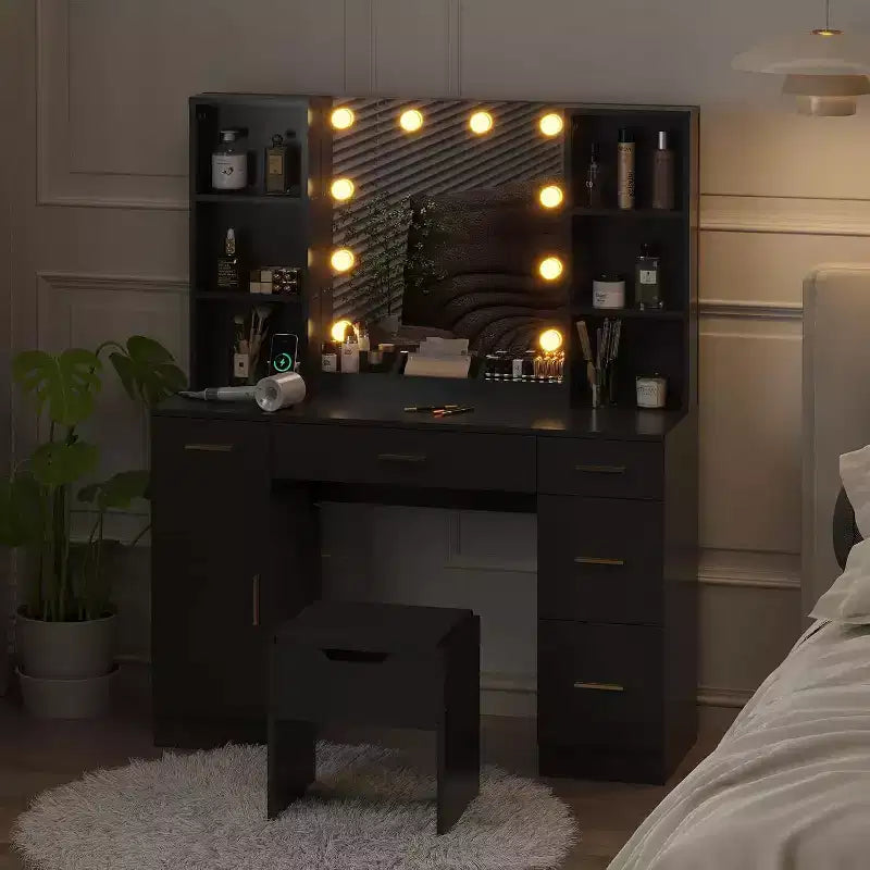 Coiffeuse avec miroir LED, 5 tiroirs coulissants et 6 étagères ouvertes, 3 modes d’éclairage avec luminosité réglable, table de maquillage pour chambre