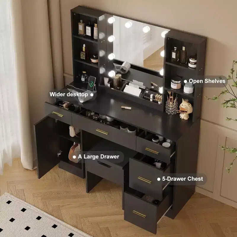 Coiffeuse avec miroir LED, 5 tiroirs coulissants et 6 étagères ouvertes, 3 modes d’éclairage avec luminosité réglable, table de maquillage pour chambre