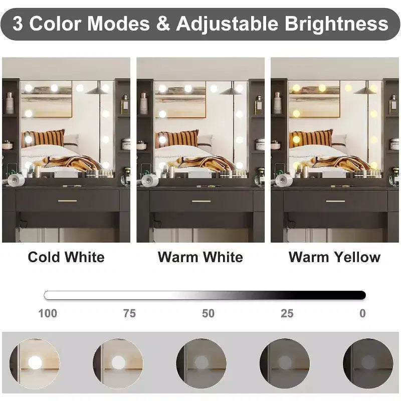 Coiffeuse avec miroir LED, 5 tiroirs coulissants et 6 étagères ouvertes, 3 modes d’éclairage avec luminosité réglable, table de maquillage pour chambre