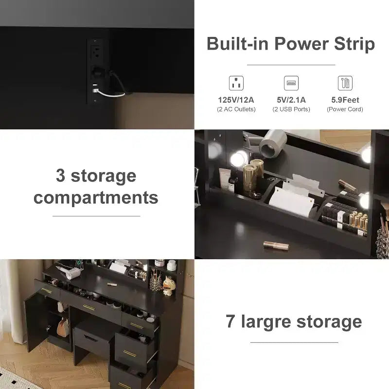 Coiffeuse avec miroir LED, 5 tiroirs coulissants et 6 étagères ouvertes, 3 modes d’éclairage avec luminosité réglable, table de maquillage pour chambre