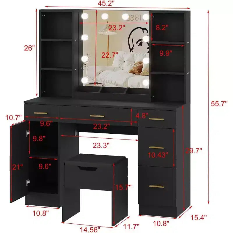 Coiffeuse avec miroir LED, 5 tiroirs coulissants et 6 étagères ouvertes, 3 modes d’éclairage avec luminosité réglable, table de maquillage pour chambre