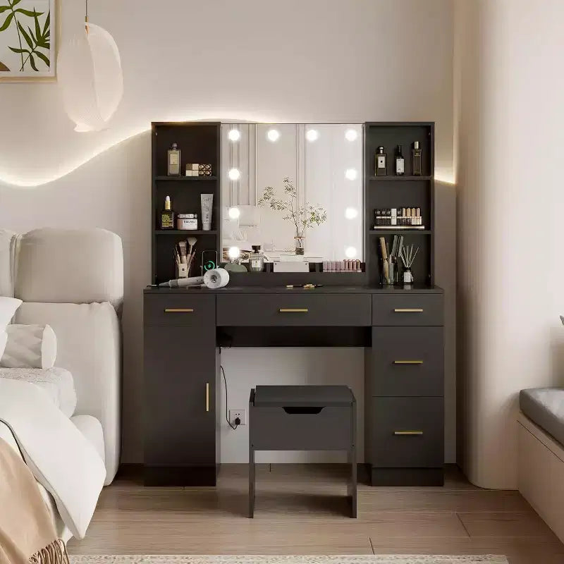 Coiffeuse avec miroir LED, 5 tiroirs coulissants et 6 étagères ouvertes, 3 modes d’éclairage avec luminosité réglable, table de maquillage pour chambre