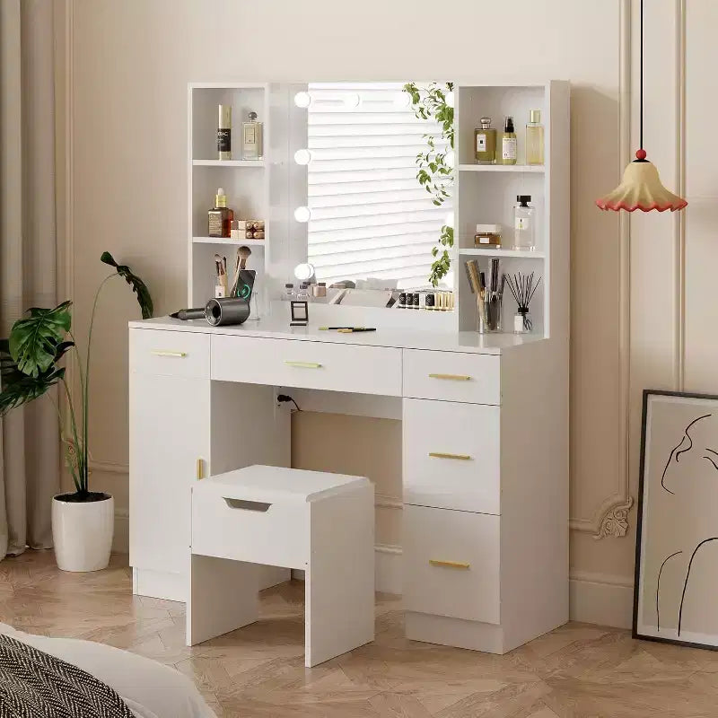 Coiffeuse avec miroir LED, 5 tiroirs coulissants et 6 étagères ouvertes, 3 modes d’éclairage avec luminosité réglable, table de maquillage pour chambre