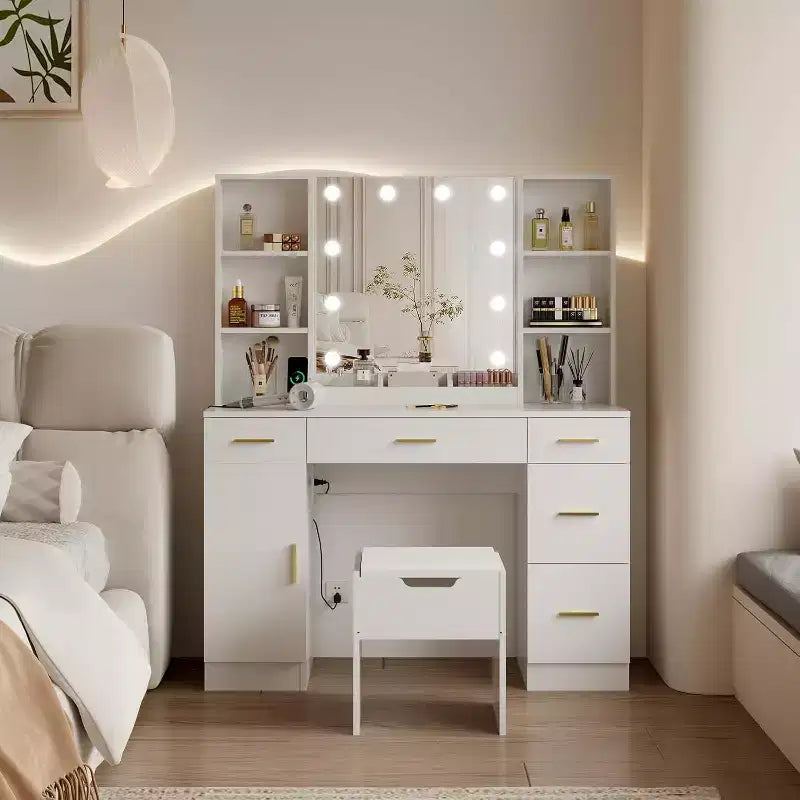Coiffeuse avec miroir LED, 5 tiroirs coulissants et 6 étagères ouvertes, 3 modes d’éclairage avec luminosité réglable, table de maquillage pour chambre