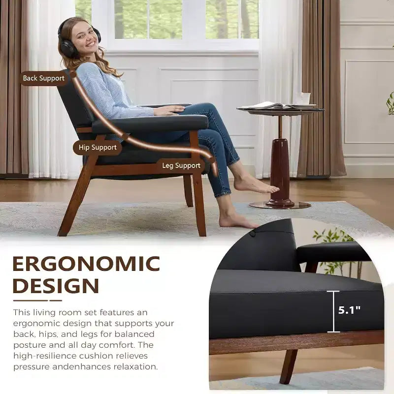 Sofá de dos plazas de cuero sintético de 50 con brazos de madera, sofá pequeño moderno de mediados de siglo para oficina, sala de estar y dormitorio, negro