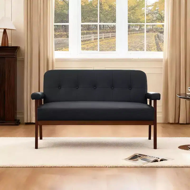 Sofá de dos plazas de cuero sintético de 50 con brazos de madera, sofá pequeño moderno de mediados de siglo para oficina, sala de estar y dormitorio, negro