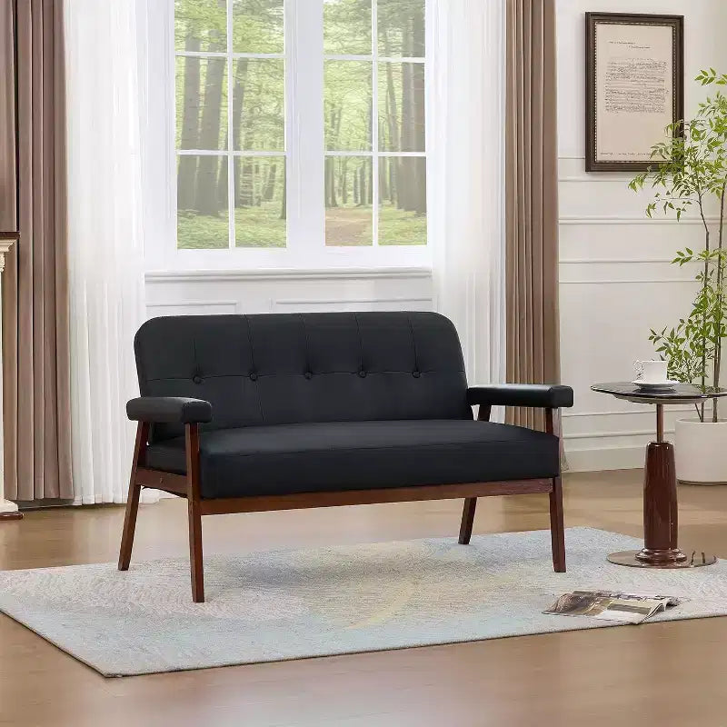 Sofá de dos plazas de cuero sintético de 50 con brazos de madera, sofá pequeño moderno de mediados de siglo para oficina, sala de estar y dormitorio, negro