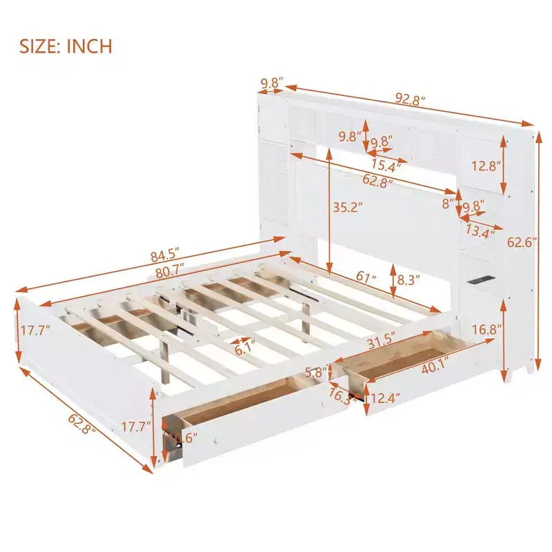 Holzbett in Queen-Size mit integriertem Schrankregal und Steckdosen, Grau