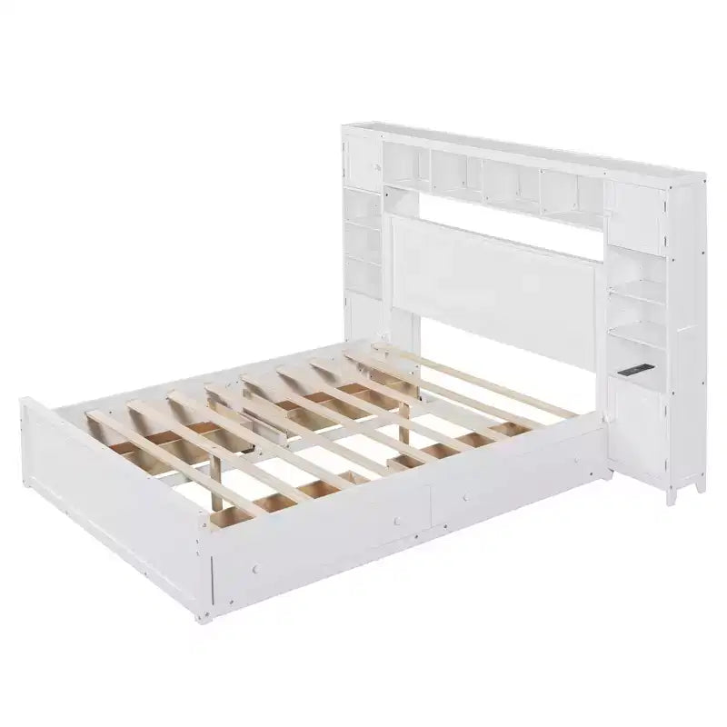 Holzbett in Queen-Size mit integriertem Schrankregal und Steckdosen, Grau