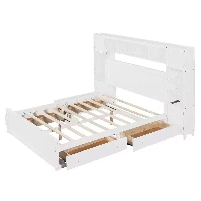 Holzbett in Queen-Size mit integriertem Schrankregal und Steckdosen, Grau