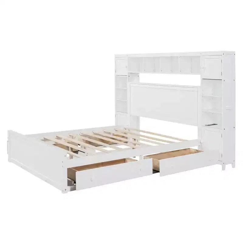 Holzbett in Queen-Size mit integriertem Schrankregal und Steckdosen, Grau