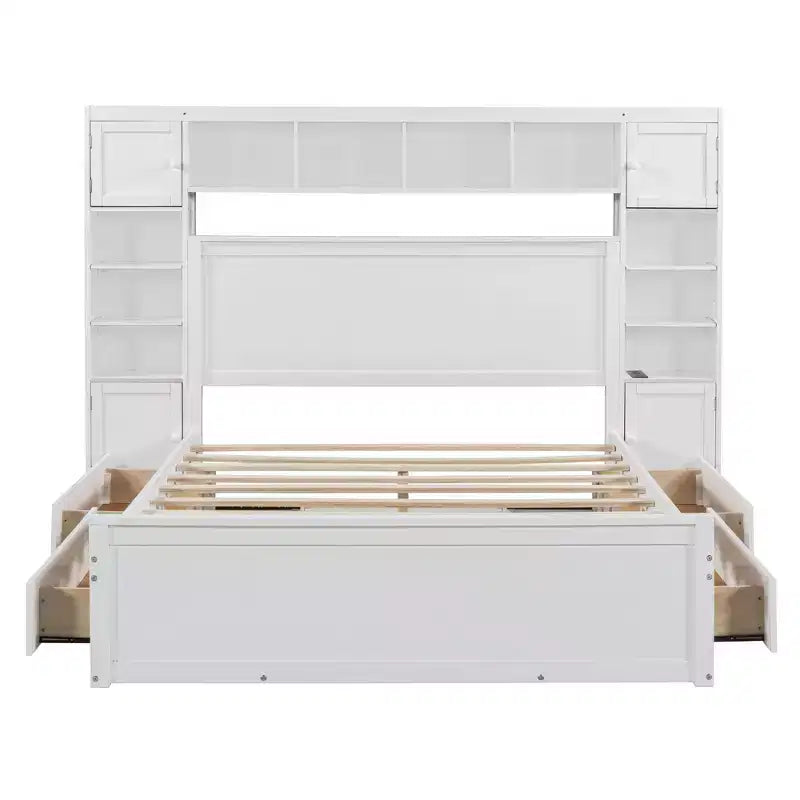 Holzbett in Queen-Size mit integriertem Schrankregal und Steckdosen, Grau