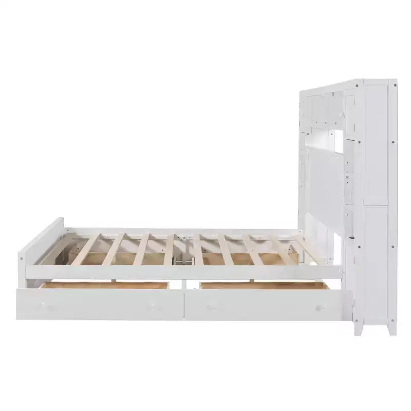Holzbett in Queen-Size mit integriertem Schrankregal und Steckdosen, Grau