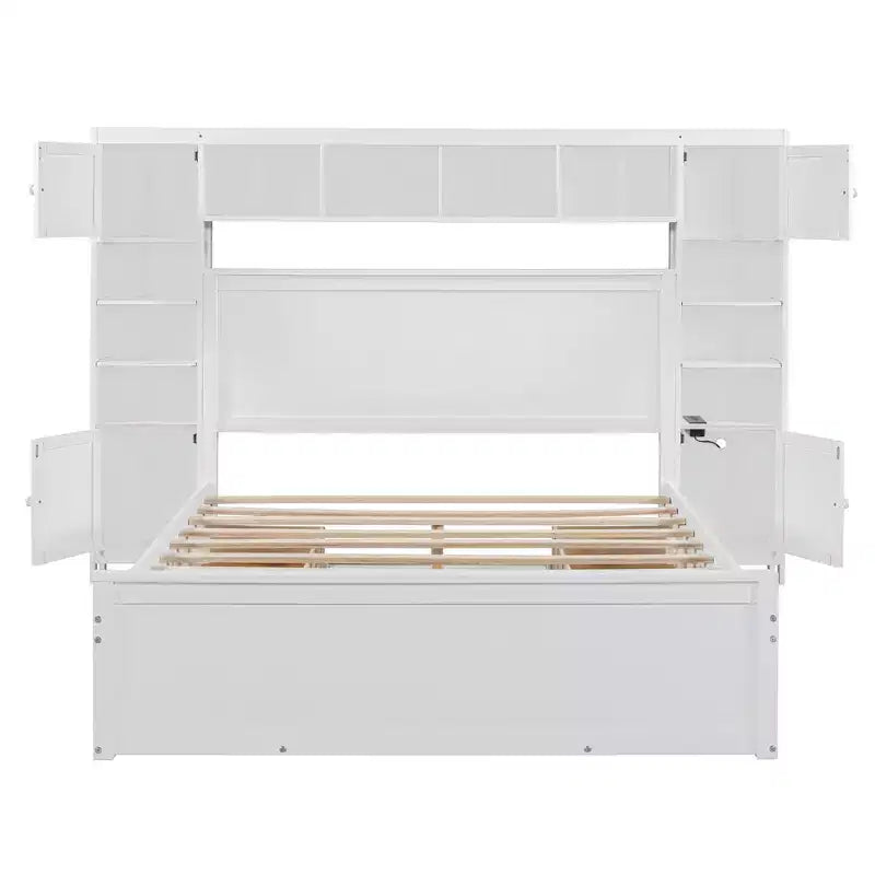 Holzbett in Queen-Size mit integriertem Schrankregal und Steckdosen, Grau