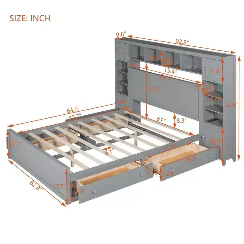 Holzbett in Queen-Size mit integriertem Schrankregal und Steckdosen, Grau