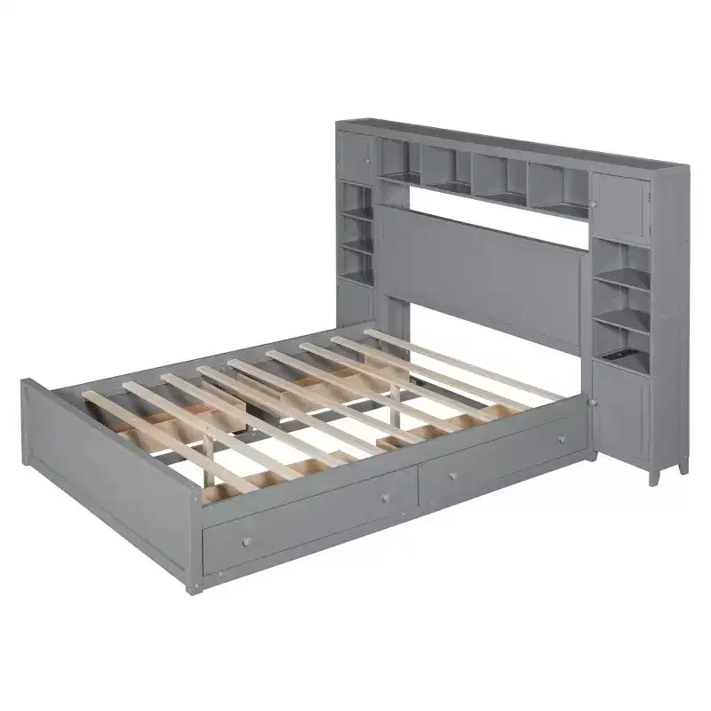Holzbett in Queen-Size mit integriertem Schrankregal und Steckdosen, Grau