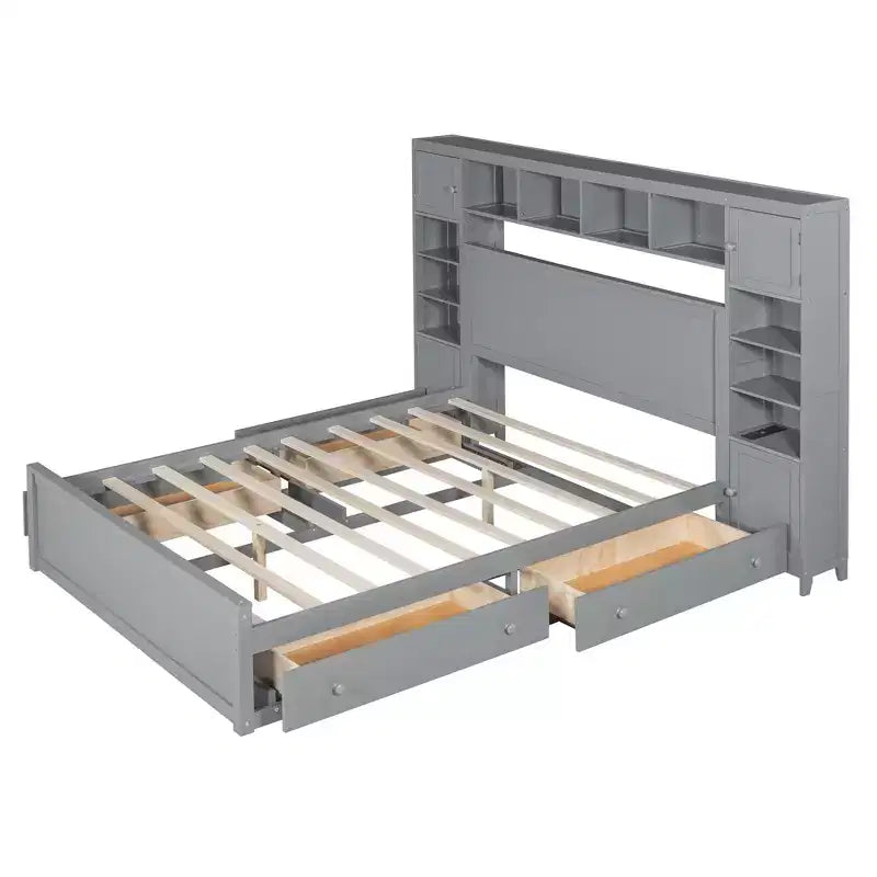 Holzbett in Queen-Size mit integriertem Schrankregal und Steckdosen, Grau