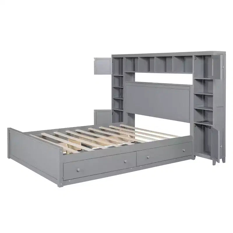 Holzbett in Queen-Size mit integriertem Schrankregal und Steckdosen, Grau
