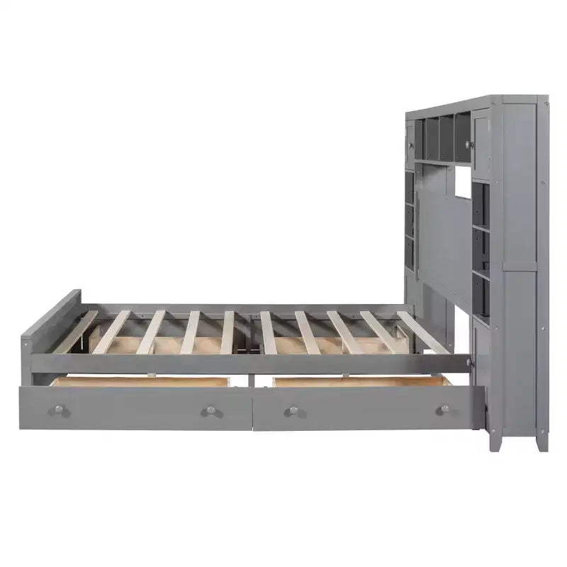 Holzbett in Queen-Size mit integriertem Schrankregal und Steckdosen, Grau