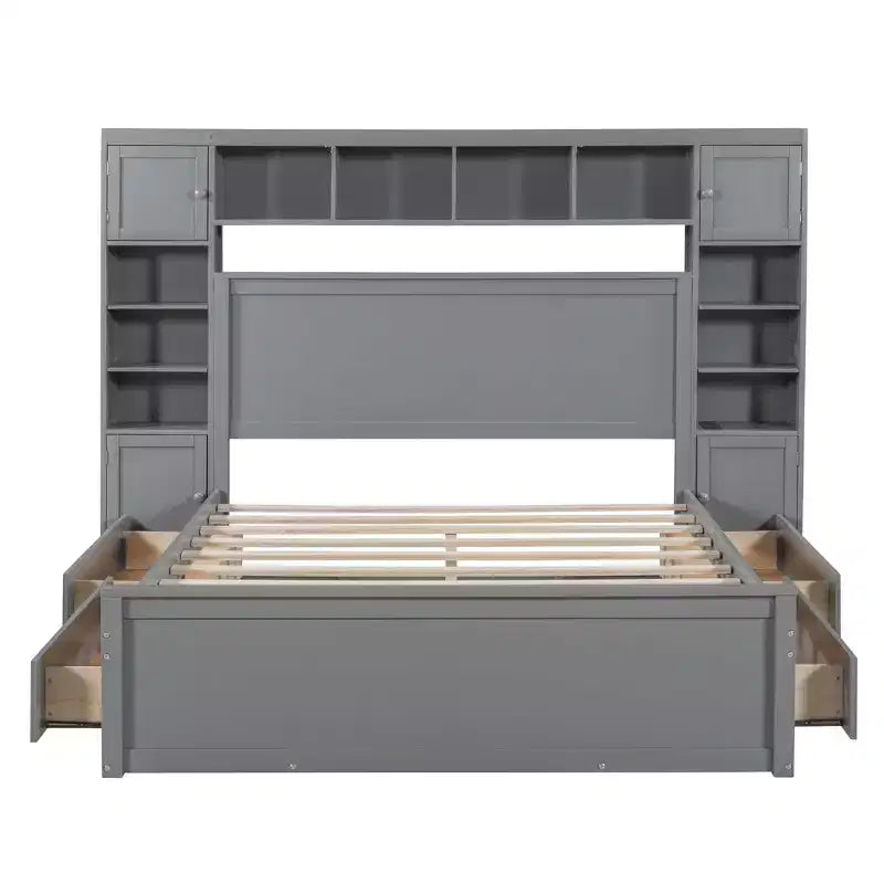 Holzbett in Queen-Size mit integriertem Schrankregal und Steckdosen, Grau