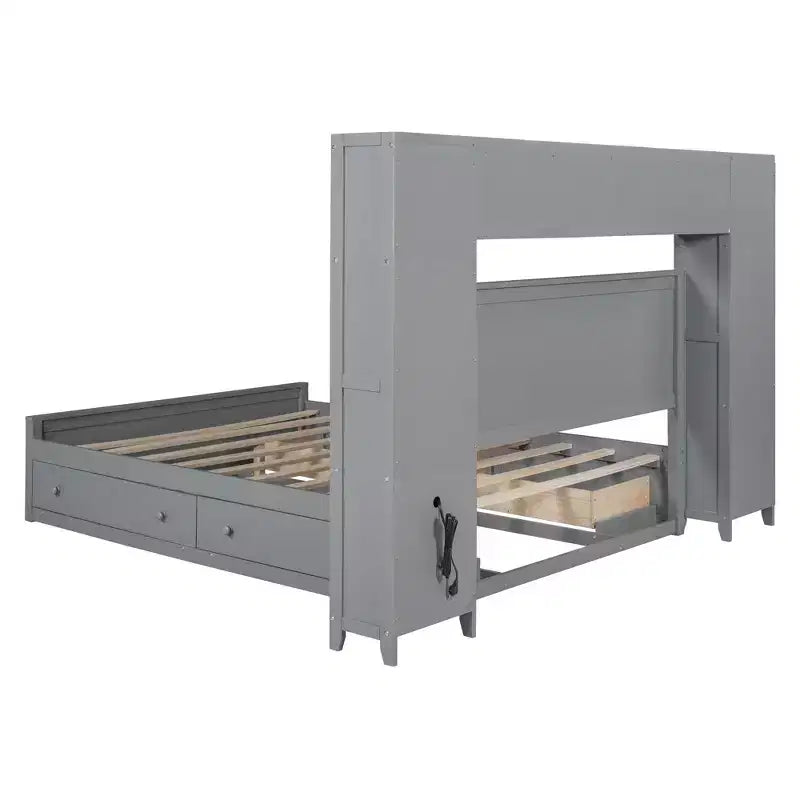 Holzbett in Queen-Size mit integriertem Schrankregal und Steckdosen, Grau