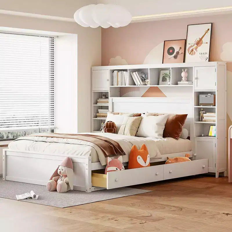 Holzbett in Queen-Size mit integriertem Schrankregal und Steckdosen, Grau