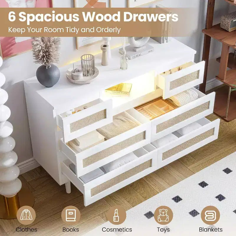 Cómoda moderna de ratán con LED y estación de carga, cómoda de madera con 6 cajones, mueble para TV para armario