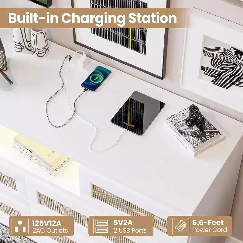 Cómoda moderna de ratán con LED y estación de carga, cómoda de madera con 6 cajones, mueble para TV para armario