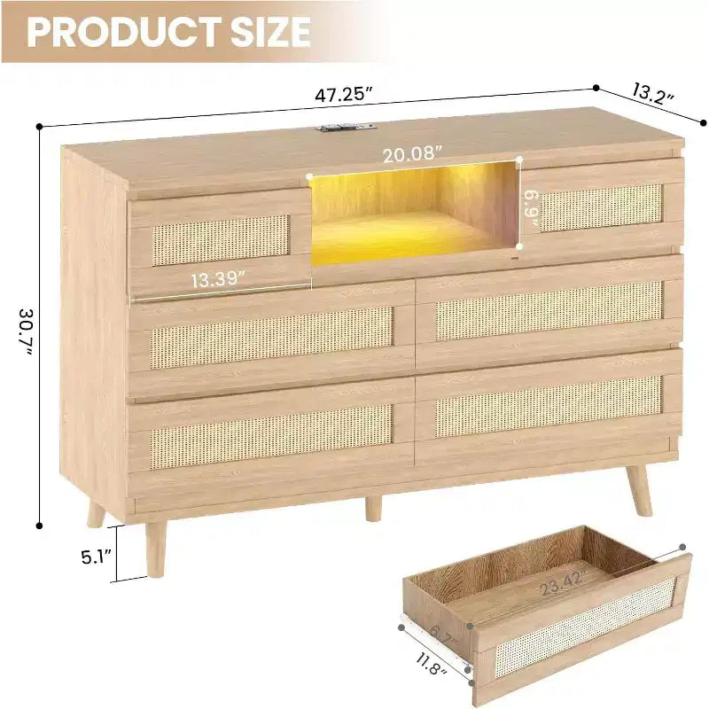 Cómoda moderna de ratán con LED y estación de carga, cómoda de madera con 6 cajones, mueble para TV para armario