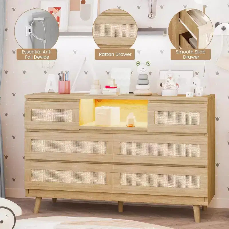 Cómoda moderna de ratán con LED y estación de carga, cómoda de madera con 6 cajones, mueble para TV para armario