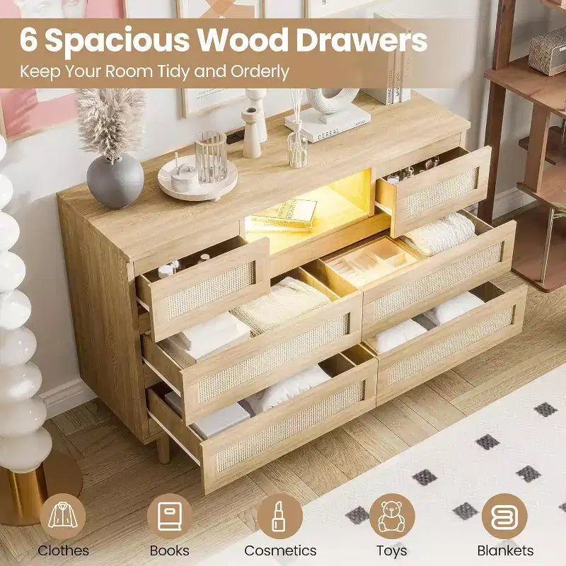 Cómoda moderna de ratán con LED y estación de carga, cómoda de madera con 6 cajones, mueble para TV para armario